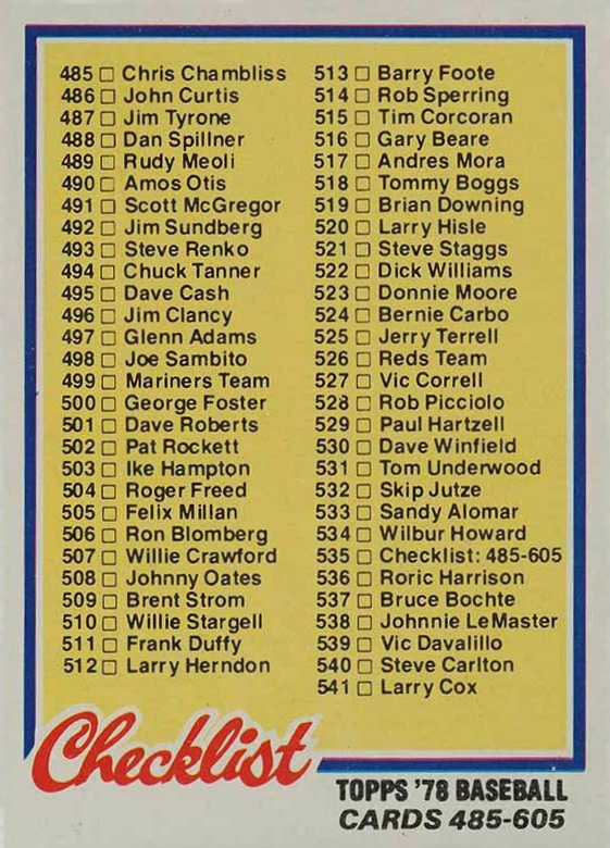 1978 Topps Checklist (485-605) #535 Baseball Card