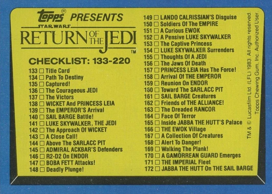 1983 Star Wars Return of the Jedi Checklist 133-220 #220 Non-Sports Card