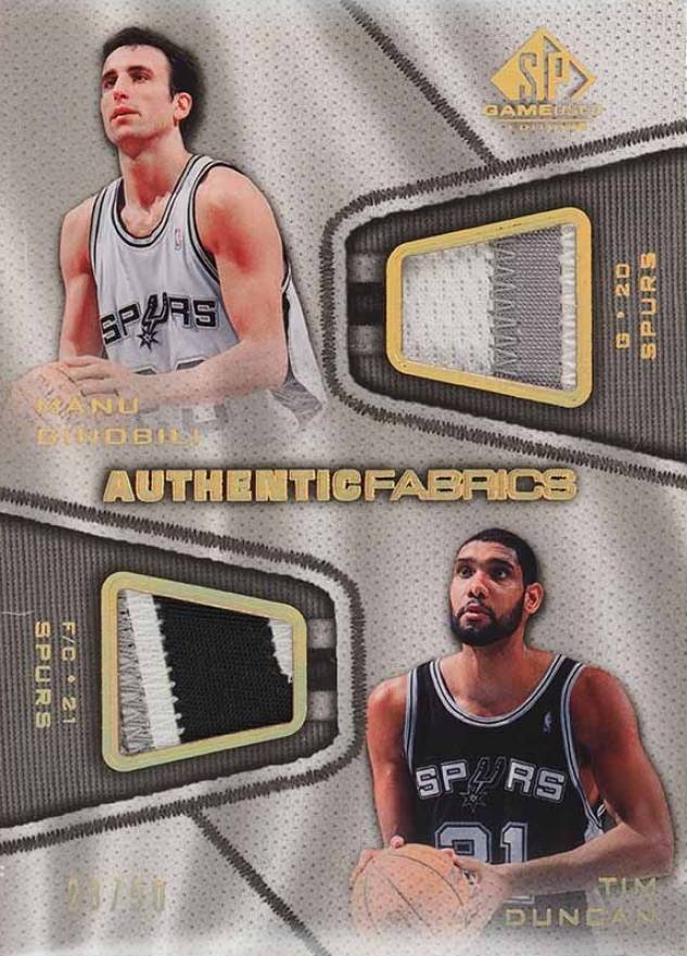 2007 SP Game Used Authentic Fabrics Dual Patch Manu Ginobili/Tim Duncan #GD Basketball Card