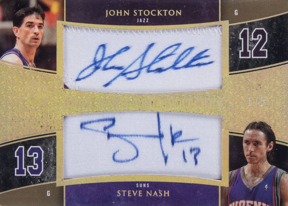 2005 Upper Deck Exquisite Collection Scripted Swatches Dual John Stockton/Steve Nash #DSSSN Basketball Card