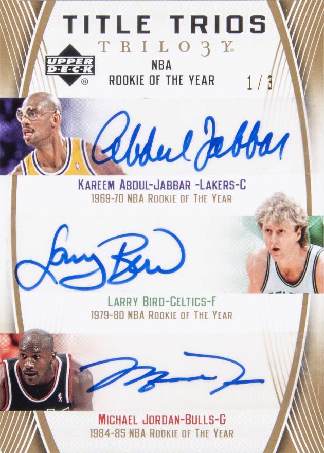 2006 Upper Deck Trilogy Title Trios Signatures Kareem Abdul-Jabbar/Larry Bird/Michael Jordan #TTABJ Basketball Card