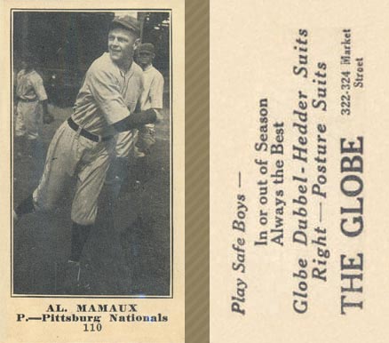1916 The Globe Clothing Al. Mamaux #110 Baseball Card