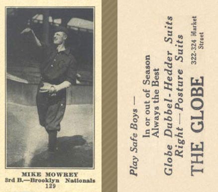 1916 The Globe Clothing Mike Mowrey #129 Baseball Card