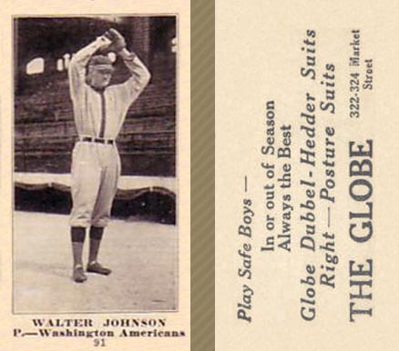 1916 The Globe Clothing Walter Johnson #91 Baseball Card