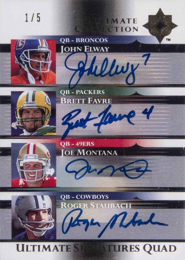 2005 Ultimate Collection Ultimate Signatures John Elway/Brett Favre/Joe Montana/Roger Staubach #EFMS Football Card