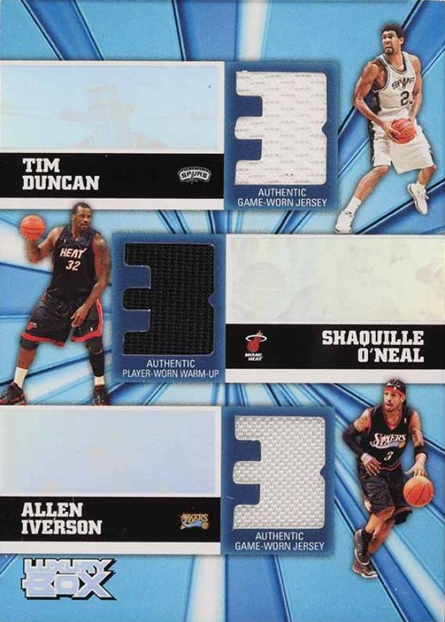 2005 Topps Luxury Box Trinity Triple Relics Tim Duncan/Shaquille O'Neal/Allen Iverson #DOI Basketball Card