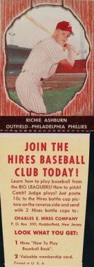 1958 Hires Root Beer Richie Ashburn #10 Baseball Card