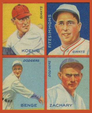 1935 Goudey 4-in-1 Benge/Fitzsimmons/Koenig/Zachary # Baseball Card