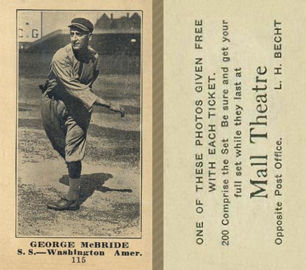 1916 Mall Theatre George McBride #115 Baseball Card