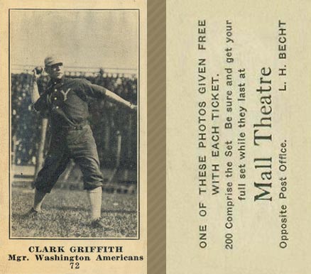 1916 Mall Theatre Clark Griffith #72 Baseball Card