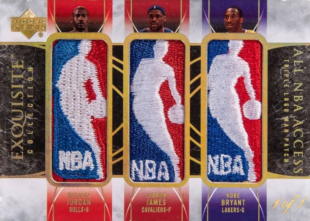 2006 Upper Deck Exquisite Collection All NBA Access Triple Logoman 1/1 Michael Jordan/LeBron James/Kobe Bryant #JJB Basketball Card