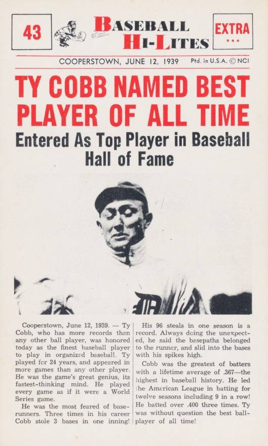 1960 Nu-Card Highlights Ty Cobb named best player of All-Time #43 Baseball Card