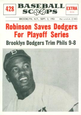 1961 Nu-Card Baseball Scoops Robinson Saves Dodgers for Playoffs #428 Baseball Card