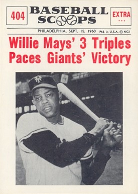 1961 Nu-Card Baseball Scoops Mays 3 Triples Paces Giants #404 Baseball Card