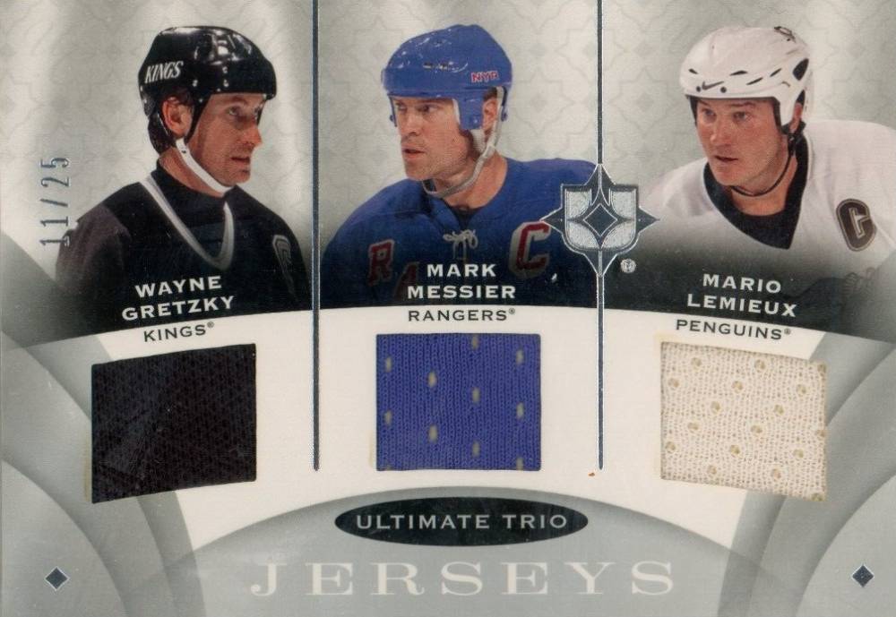 2008 Upper Deck Ultimate Collection Ultimate Jerseys Trios Mario Lemieux/Mark Messier/Wayne Gretzky #UJ3HOF Hockey Card