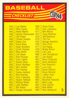 1984 Donruss Checklist 443-546 #5 Baseball Card