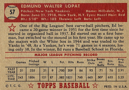 1952 Topps Ed Lopat #57 Baseball Card