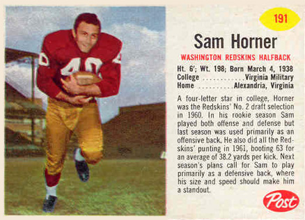 1962 Post Cereal Sam Horner #191 Football Card