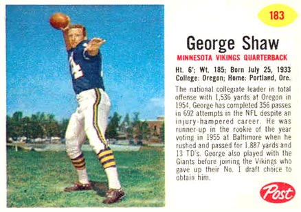 1962 Post Cereal George Shaw #183 Football Card