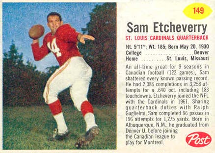 1962 Post Cereal Sam Etcheverry #149 Football Card