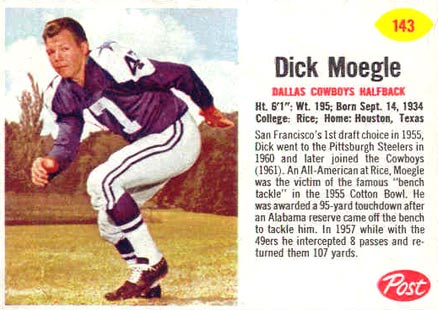 1962 Post Cereal Dick Moegle #143 Football Card