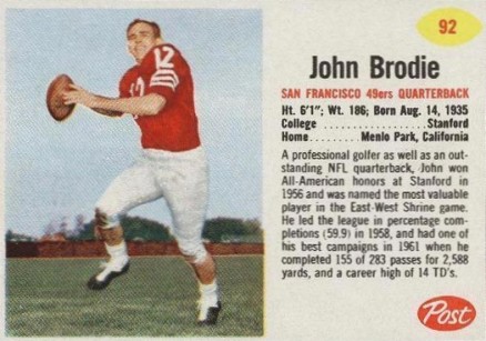 1962 Post Cereal John Brodie #92 Football Card