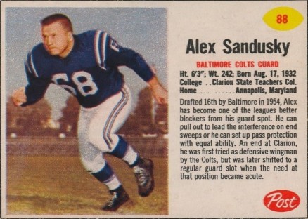 1962 Post Cereal Alex Sandusky #88 Football Card