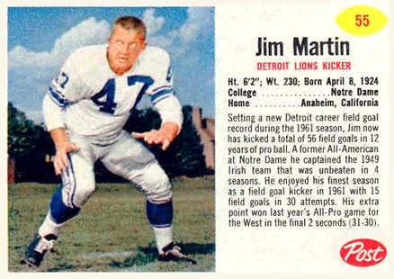 1962 Post Cereal Jim Martin #55 Football Card