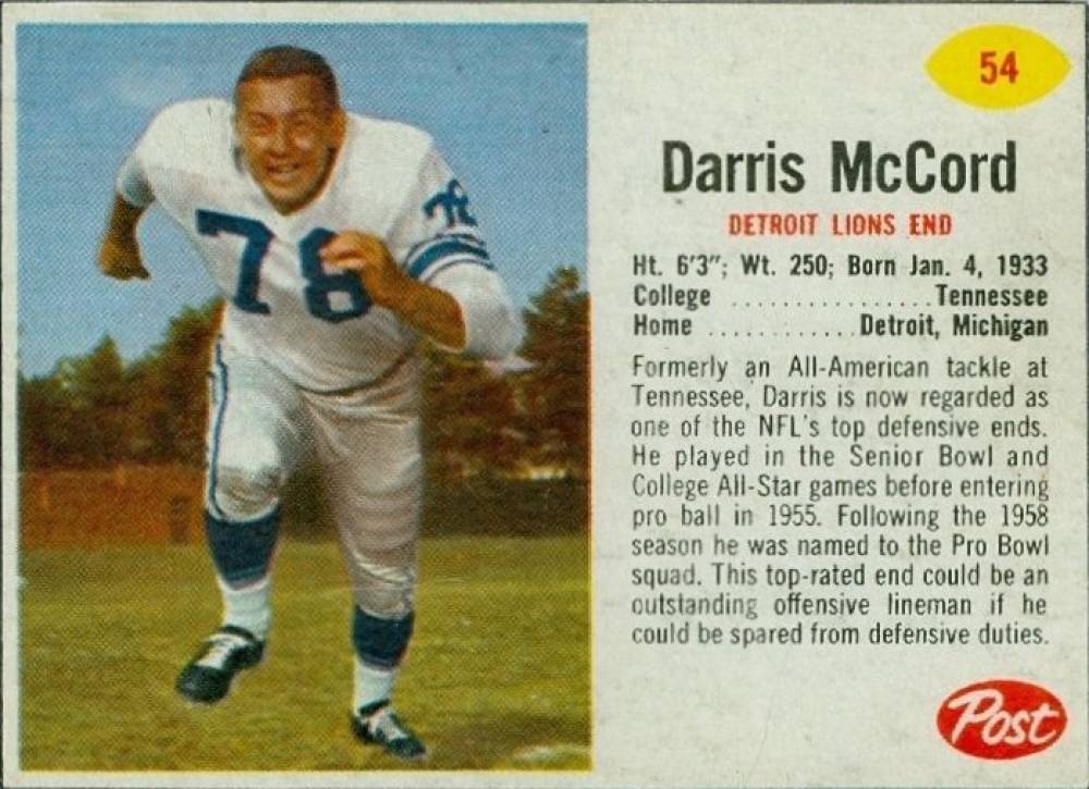 1962 Post Cereal Darris McCord #54 Football Card
