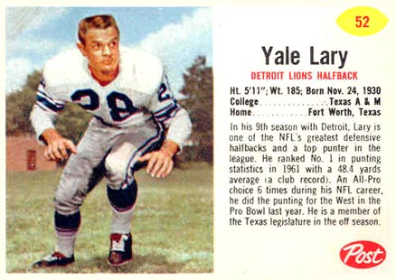 1962 Post Cereal Yale Lary #52 Football Card