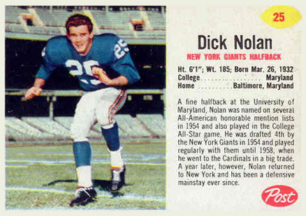 1962 Post Cereal Dick Nolan #25 Football Card