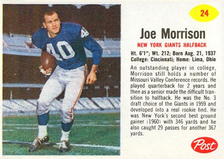 1962 Post Cereal Joe Morrison #24 Football Card