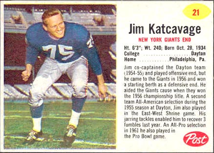 1962 Post Cereal Jim Katcavage #21 Football Card