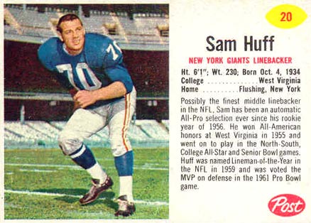 1962 Post Cereal Sam Huff #20 Football Card