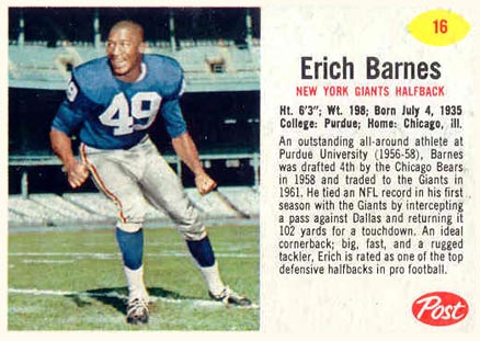 1962 Post Cereal Erich Barnes #16 Football Card