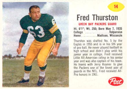 1962 Post Cereal Fred Thurston #14 Football Card