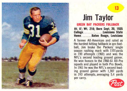 1962 Post Cereal Jim Taylor #13 Football Card
