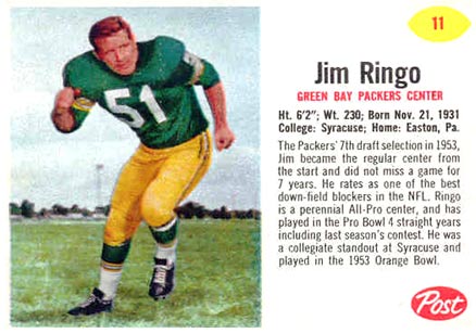 1962 Post Cereal Jim Ringo #11 Football Card