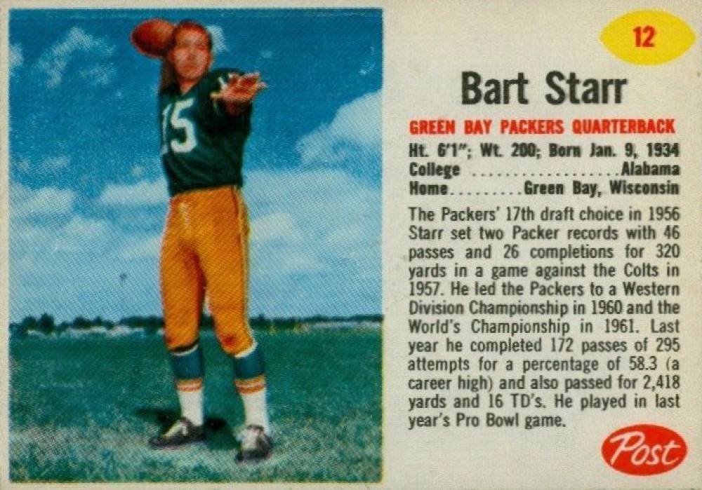 1962 Post Cereal Bart Starr #12 Football Card