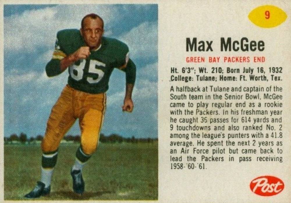 1962 Post Cereal Max McGee #9 Football Card