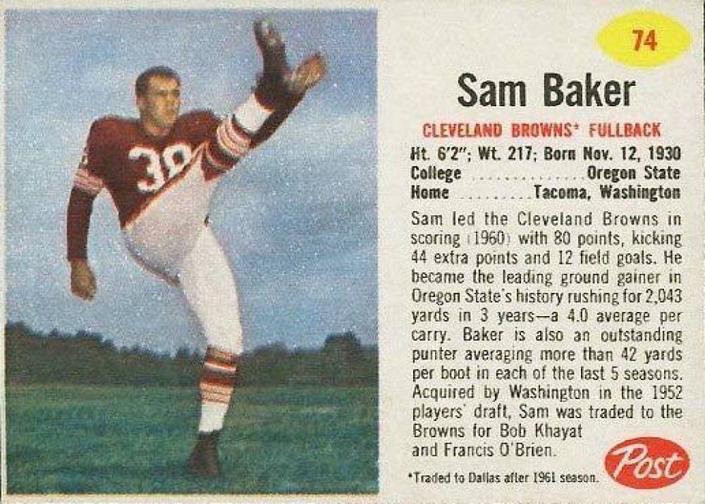 1962 Post Cereal Sam Baker #74 Football Card