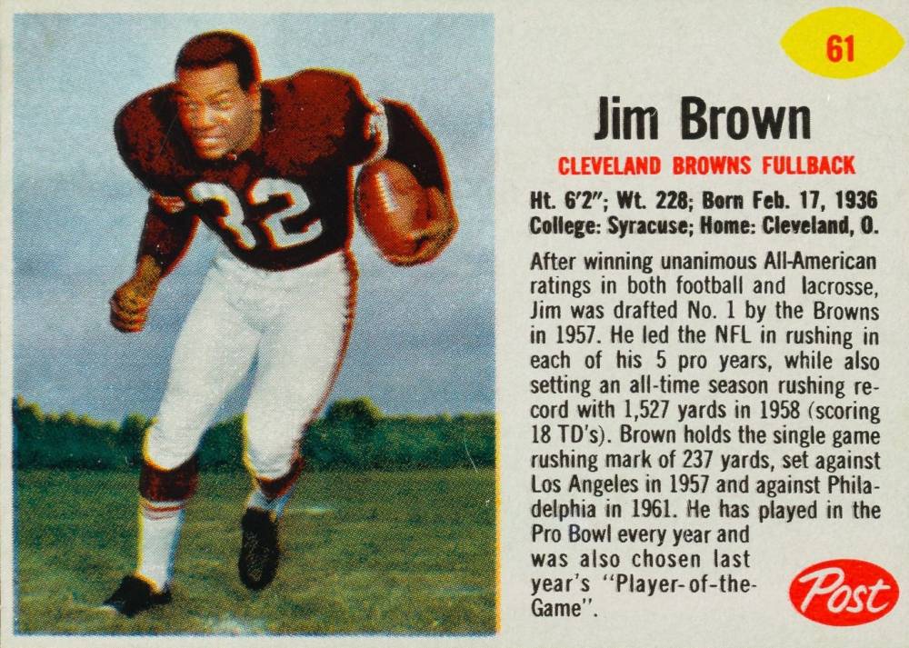 1962 Post Cereal Jim Brown #61 Football Card