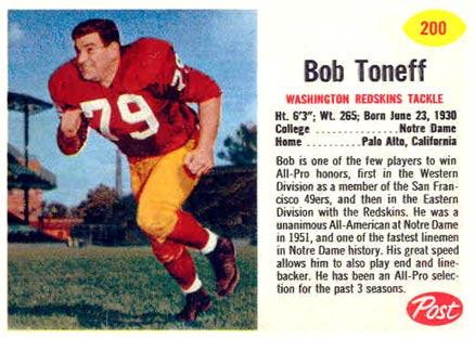 1962 Post Cereal Bob Toneff #200 Football Card
