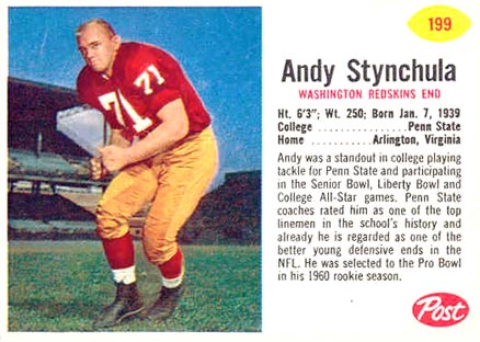 1962 Post Cereal Andy Stynchula #199 Football Card
