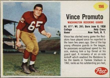 1962 Post Cereal Vince Promuto #196 Football Card