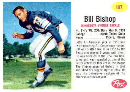 1962 Post Cereal Bill Bishop #187 Football Card