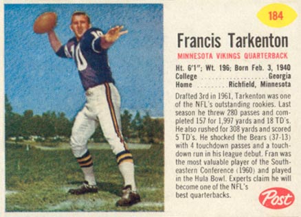 1962 Post Cereal Fran Tarkenton #184 Football Card