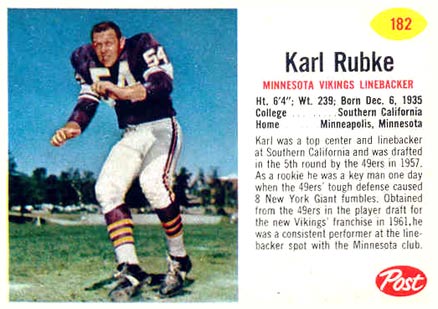 1962 Post Cereal Karl Rubke #182 Football Card