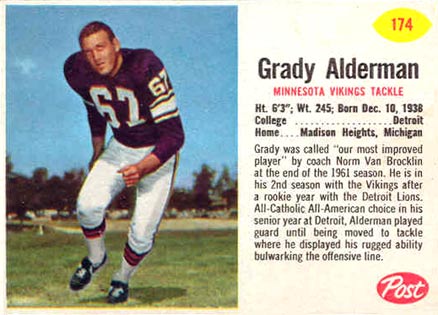 1962 Post Cereal Grady Alderman #174 Football Card