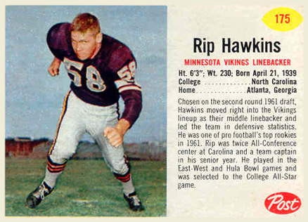 1962 Post Cereal Rip Hawkins #175 Football Card